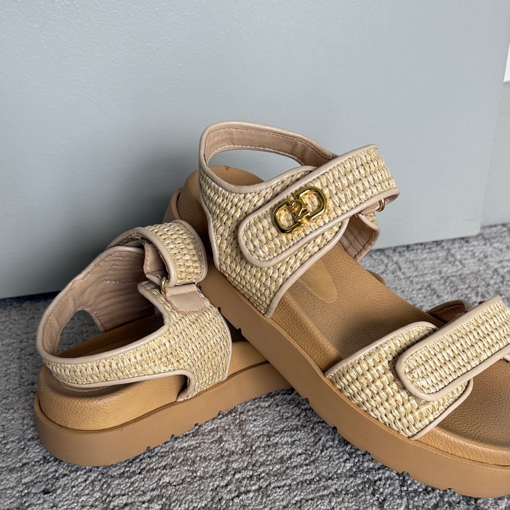 Tan Woven Sandals with Gold Accent